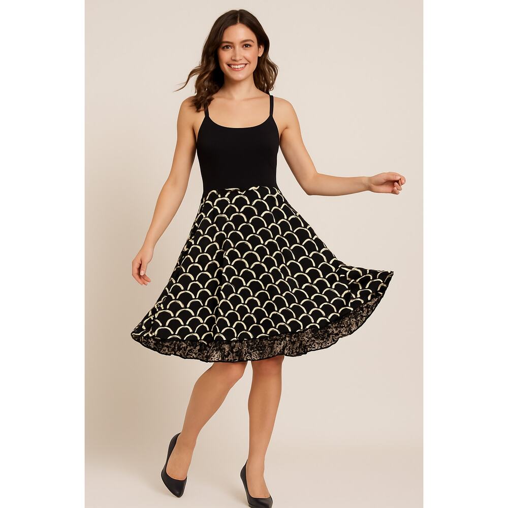 Womens Black Gold Circle Midi Dress Sleeveless Lined Full Skirt Size Unknown